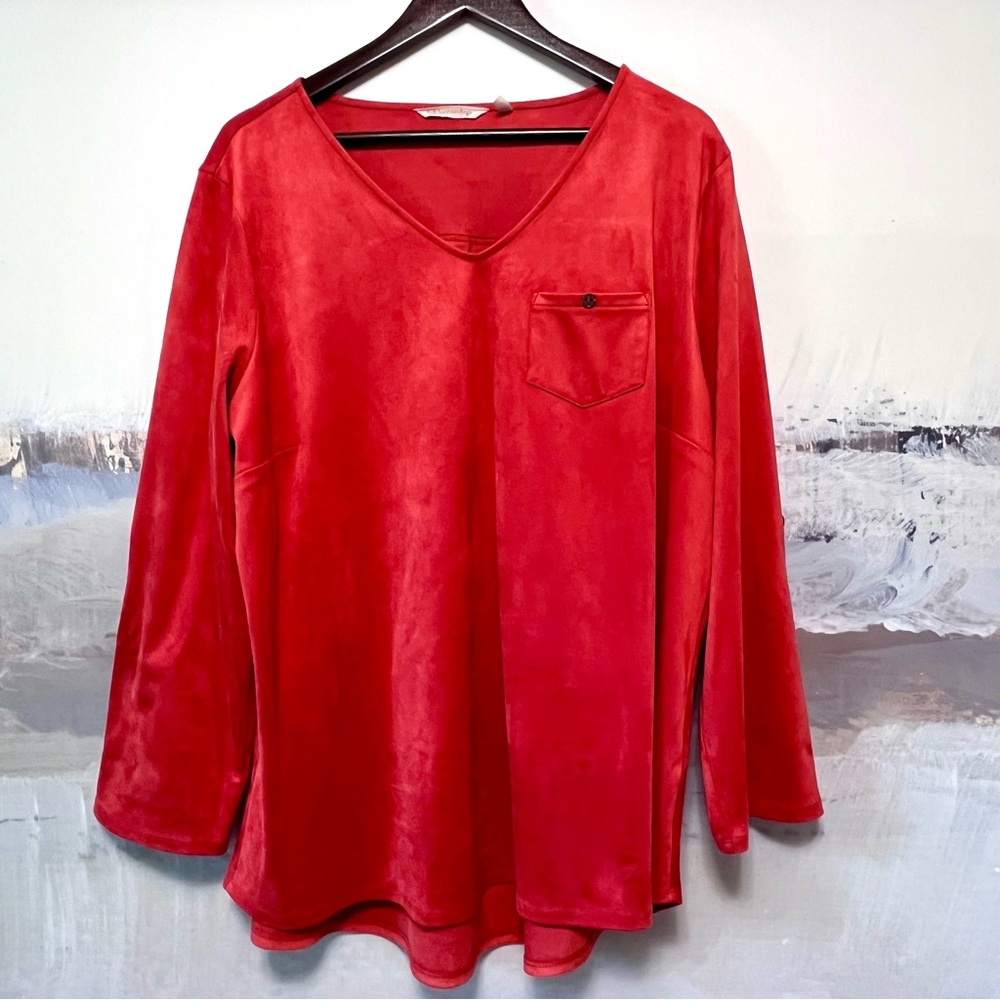 SOFT SURROUNDINGS Sz 2X Tunic Top Faux Suede STRETCH Roll-Tab Sleeve Orange FALL